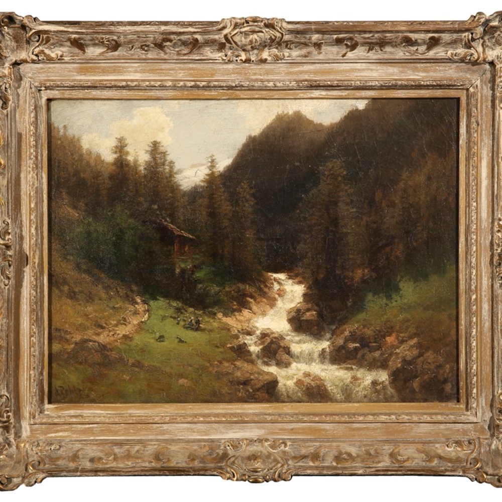 Rustic Landscape Oil Painting in Ornate Gold Frame
